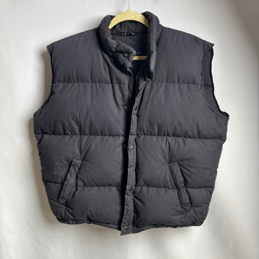 VTG Lifes Adventures Dash Mens L Gray Black Cotton 80% Duck Down Puffer Vest Y2K